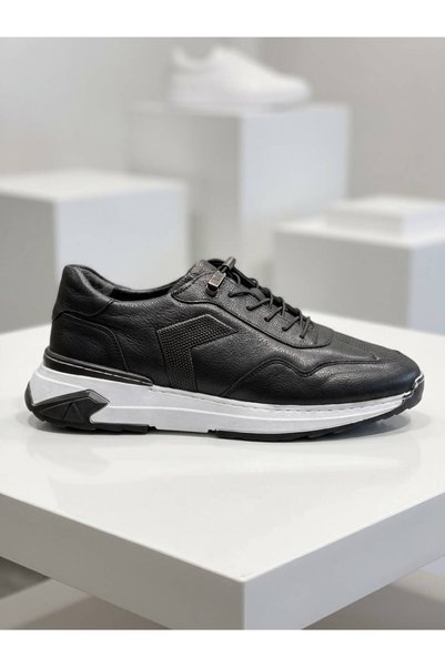 Slope 1474 Black Genuine Leather Laceless Casual Men's Sneaker Shoes