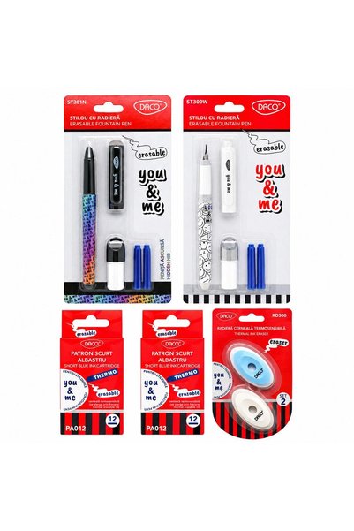 Daco Set of 2 erasable pens, ink refills and eraser