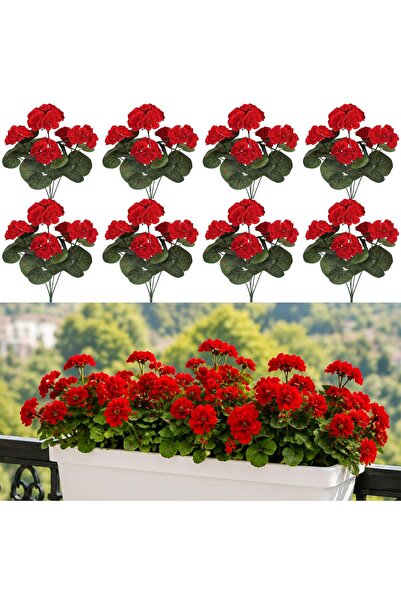 Generic Brand Set de 8 geraniums artificiali roșii de exterior, flori artific...