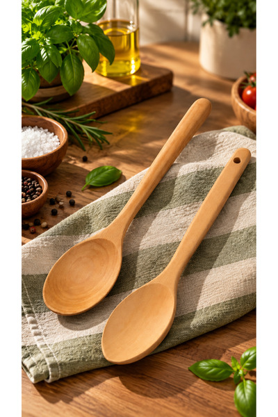 Bambu Ahşap Kaşık Seti 2’li – 23 cm Tava Dostu Çizmez Mutfak Yemek Karıştırma Kaşığı