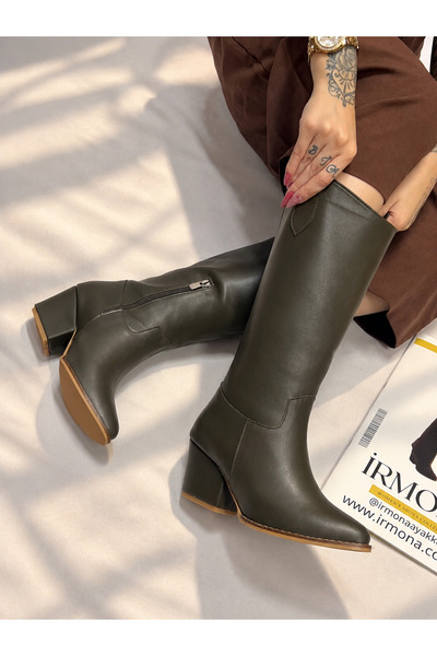 irmona Limona Khaki Imported Leather 6 cm Heel Women's Boots