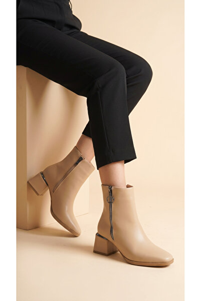 Moda Lime Leather Zippered Heel Detailed Short Simple Classic Boots Bootie