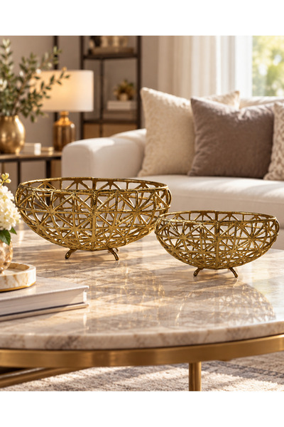 Hinora Home Gold Geometrik Desen İkili Dekoratif Alüminyum Kase – Salon Orta ...