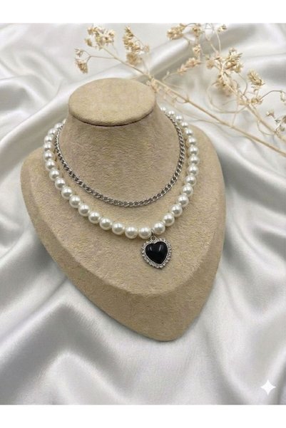 Lunarie Vintage Silver Pearl Black Heart Layered Necklace - Showy Non-Tarnish Anti-Allergy Xuping Colorfast Stylish Women's Necklace