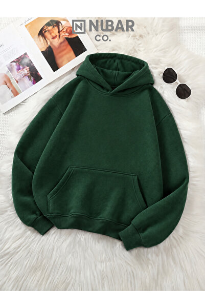 NUBAR CO. Forest Green Basic 3 Thread Hooded Sweatshirt Oversize Winter 100% ...