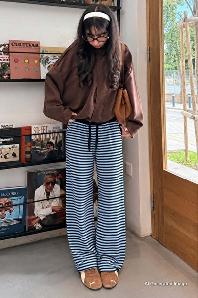 Madmext Bitter Brown Striped Wide Leg Women's Knitwear Trousers Mg2916