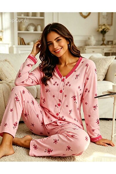 NiCe İç Giyim Women's Pink Floral Patterned Long Sleeve Buttoned Lace Detaile...
