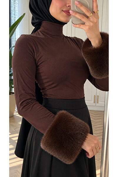 Kirazca Butik Kadın Bilek Kürklü Uzun Kollu Çıtçıtlı Zıbın Body Bluz