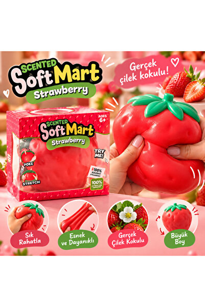 SoftMart Strawberry Jumbo En Büyük Boy – Çilek Kokulu Büyük Boy Sıkma ve Stres Oyuncağı 6+ Yaş (sünger değildir,dolguludur.)