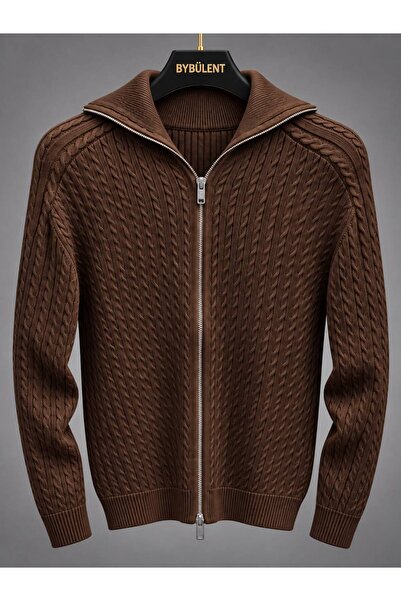 BYBÜLENT Men's Knitwear Quality Zippered Knitted Hair Braided Jacket Cardigan