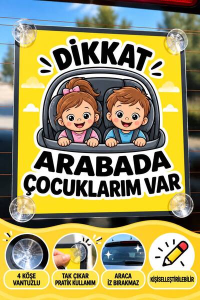 MEGBUY Sarı Renk Dikkat Arabada Çocuklarım Var Yazılı Bebek Araba Cam Süsü Ot...