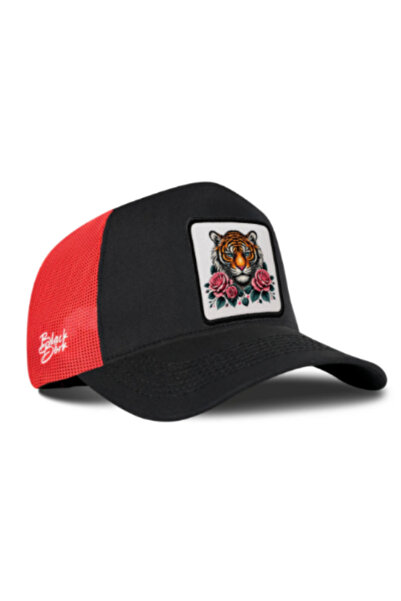 BlackBörk Black-Red Trucker Hat with Tiger Logo
