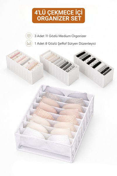 Textia Home 4'lü Çekmece İçi Organizer Seti - 11 Gözlü Çorap Düzenleyici ve 8 Gözlü Sütyen Organizer