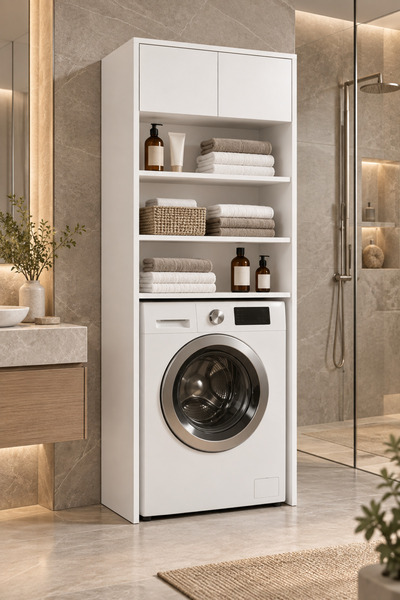 sawinno home&sleep Lavin- Çamaşır Makinesi Üstü Dolabı -3 Raflı 2 Kapaklı Bey...
