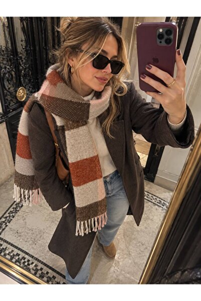 sf collection Renkli Puffy Yumuşak Dokulu Atkı Ekose Desenli Omuz Şalı