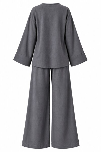 Laluvia Antrasit Kruvaze %100 Pamuk Kimono Pantolon Takım - 3y003