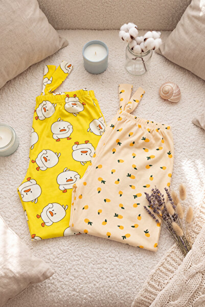 Pijahane Kadın 2'li Pijama Altı Seti Ördek Limon Desenli Lastikli Bel Rahat K...
