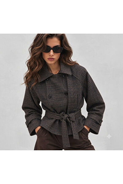 Şayse Design Kruvaze Yaka ,Ekoseli, Kuşaklı,Oversize Ceket/Kaban