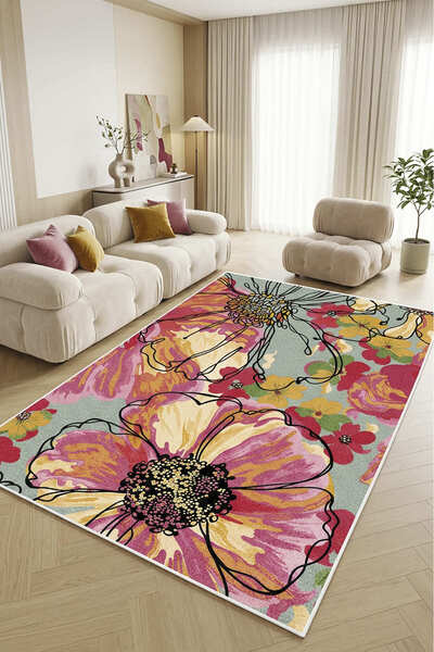 Decomia Home Dijital Kaymaz Yıkanabilir Renkli Çiçek Desenli Modern Salon Hal...