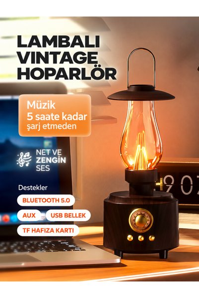 Vezir Aksesuar Retro Gaz Lambası Bluetooth Hoparlör – Alev Efektli Gece Lambası, FM Radyo, USB & TF Kart Destekli