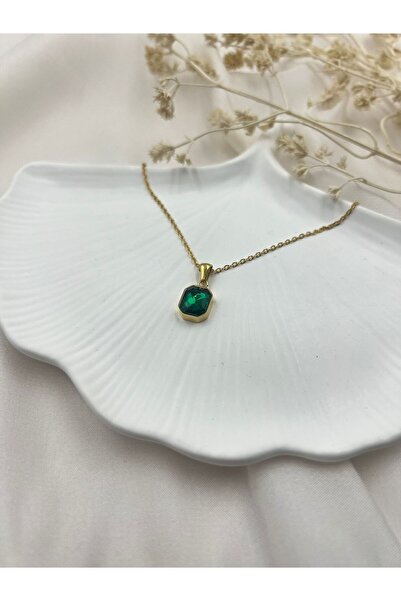 Lunarie Gold Green Emerald Stone Necklace - Vintage Non-Tarnish Anti-Allergic...