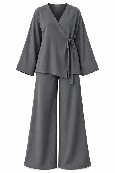 Laluvia Antrasit Kruvaze %100 Pamuk Kimono Pantolon Takım - 3y003