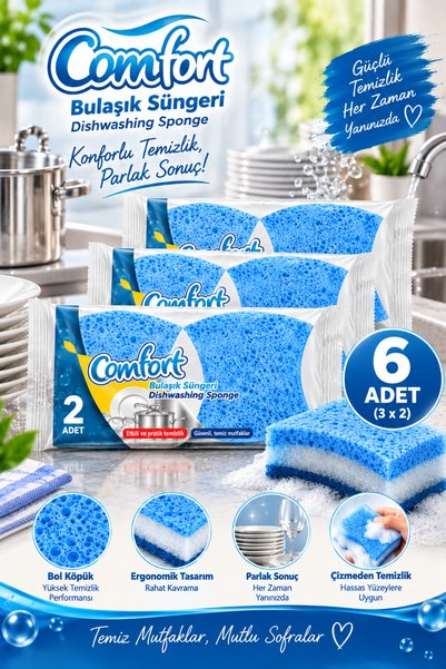 grimorlife 6 Adet Premium Mavi Renk 3 Katmanlı Bulaşık Süngeri – Özel Dokulu Mutfak Temizlik Süngeri Seti