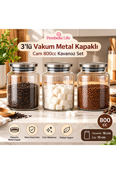 Pembelia Life 3’lü Metal Vakum Kapaklı Cam 800 cc Çay Şeker Kahve Bakliyat Er...