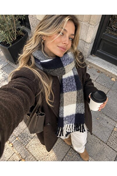 sf collection Renkli Puffy Yumuşak Dokulu Atkı Ekose Desenli Omuz Şalı