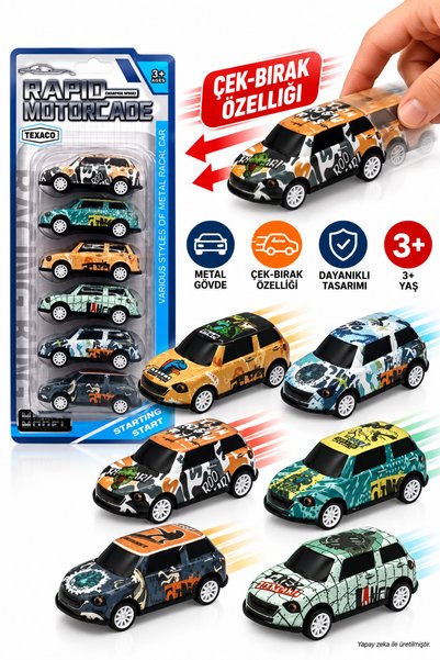 craftivio 6'lı Set Metal Gövdeli Çek Bırak Mini Oyuncak Araba Seti