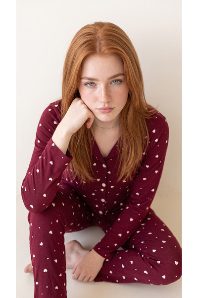 Arzey Burgundy Heart Patterned Bamboo Long Sleeve Women's Buttoned Front Paja...
