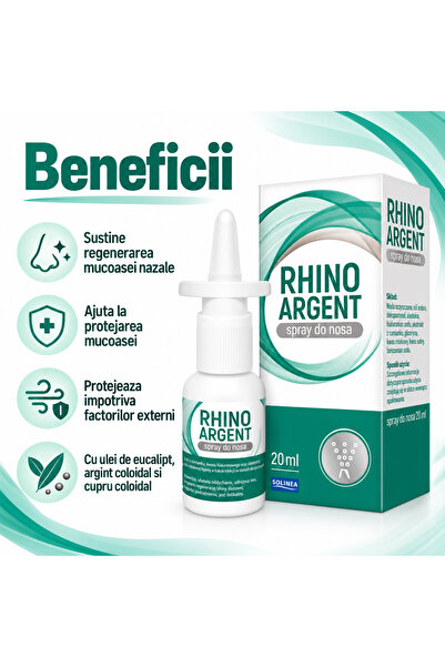 Solinea Spray nazal Rhinoargent, dispozitiv medical cu argint coloidal, cupru coloidal si ulei de eucalipt, protectia si regenerarea mucoasei nazale, copii si adulti, 20 ml