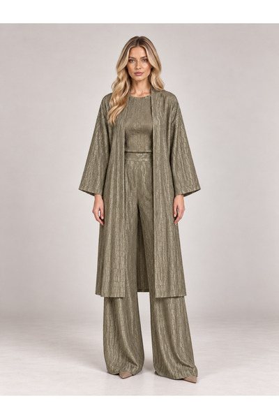 LAMİFUSTORE Cardigan Blouse Wide Leg Pants 3-Piece Casual Set