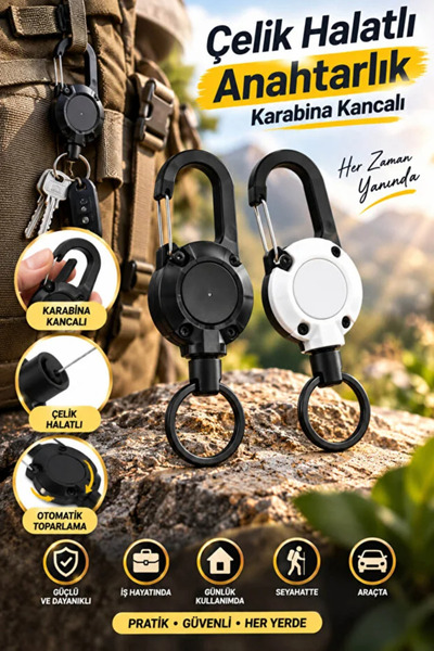 TUMU LIFE Çelik Halatlı Anahtarlık Karabina Kancalı 68 cm Geri Çekilebilir Ot...