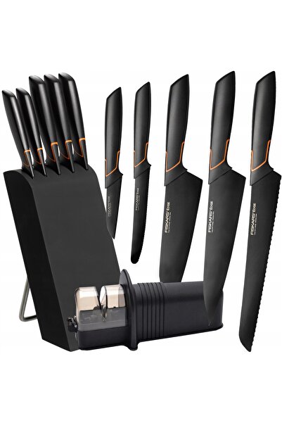FiSKARS SET 5 piese Cuțite negre ascuțite în bloc + ascuțitor