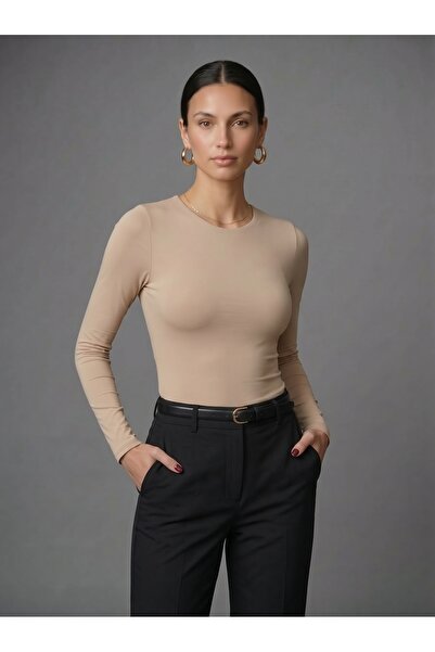 Noe Collection Kadın Uzun Kollu Bisiklet Yaka Çıtçıtlı Slim Fit Esnek Bodysuit