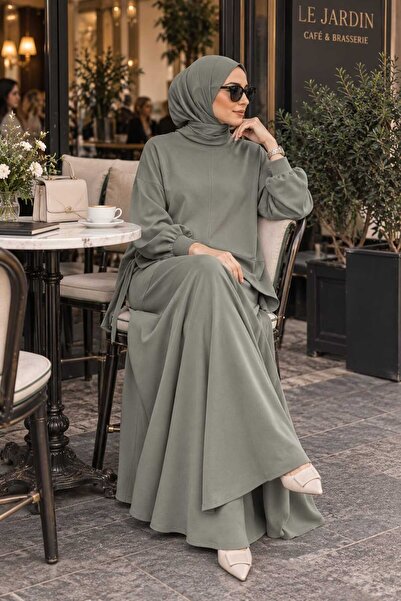 Budan Export Women's Balloon Sleeve Lace Detailed Modal Tunic Skirt Hijab Dou...
