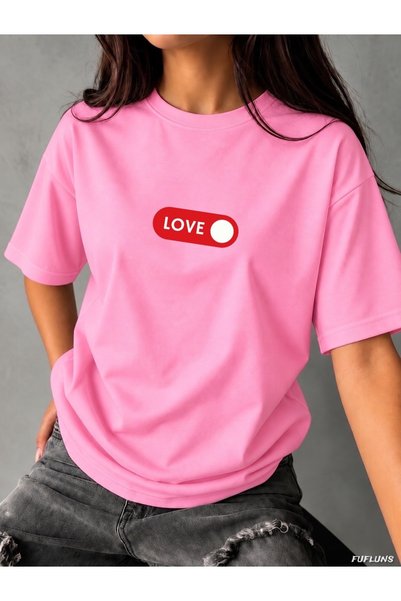 FUFLUNS تي شيرت نسائي كبير الحجم بطبعة LOVE وياقة دائرية