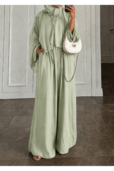 Hepsi Moda Geniş Kol Oversize Bağlamalı Pantolonlu Takım - 5803 - Çağla Yeşili