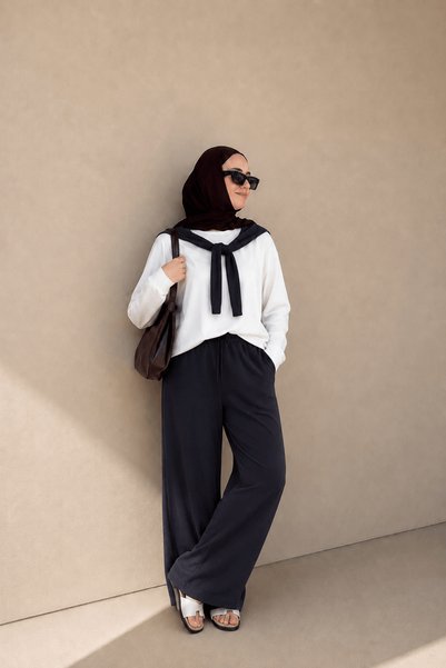 Hepsi Moda Pant Suit with Shawl Detail - Anthracite & Ecru