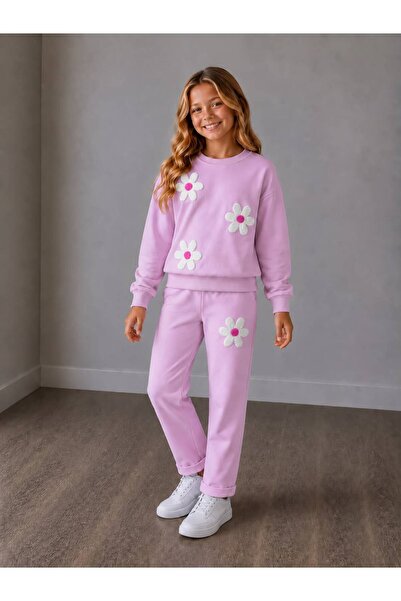 YİGİT BUTİK Girl's Daisy Appliqué Sweatshirt and Pants Set