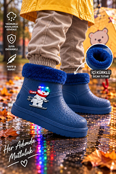 Twingomax Çocuk Kışlık Emojili Işıklı Konforlu Yağmur Çizmesi Unisex