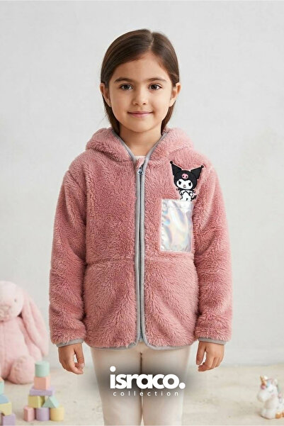 israco Kapüşonlu Nakışlı Kız Çocuk Peluş Yumuşak Fermuarlı Hırka Pembe