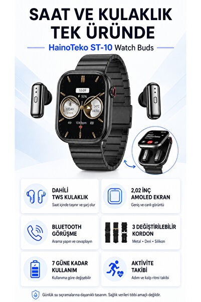 beemen HainoTeko Germany ST-10 Watch Buds 2.02 İnç AMOLED Kulaklıklı Akıllı Saat 3 Kordon