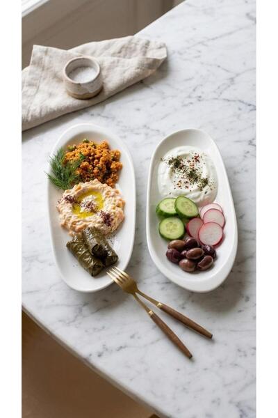 ALBETTO Set of 6 Porcelain Serving Plates, Kayık Plate White 25cm