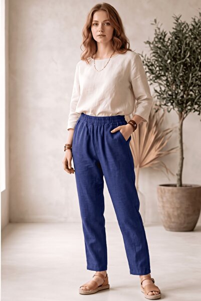 hadiora Sofia Dark Blue Linen Look Trousers with Elastic Waist