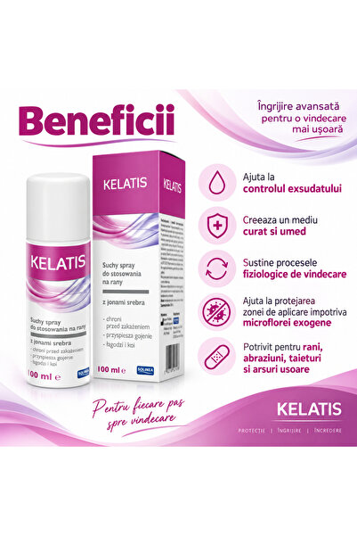 Solinea Spray pentru rani Kelatis, pulbere minerala absorbanta cu 2,5% argint ionic, dispozitiv medical, 100 ml