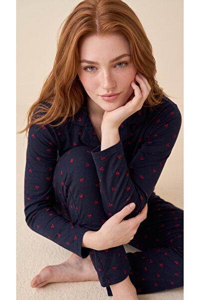 Arzey Navy Blue Cherry Patterned Suede Long Sleeve Front Buttoned Women's Paj...