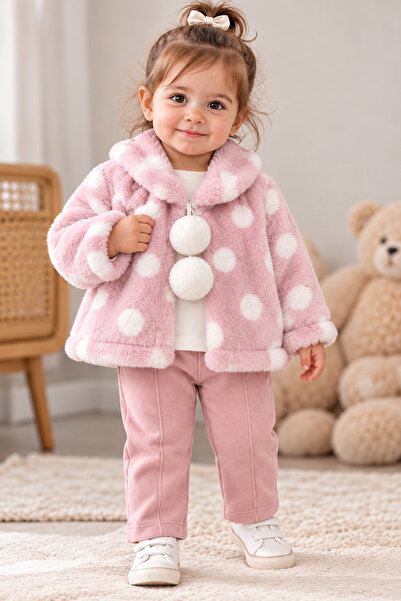 DUBAİ ÇOCUK Kız Bebek 3’lü Takım Peluş Puantiyeli Ceket Ayıcık Baskılı Üst ve...