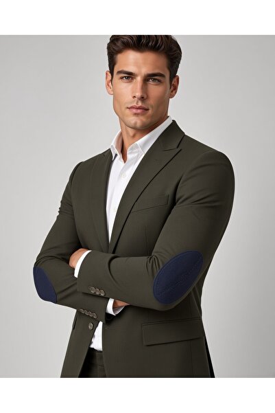 SABRİ ZENGİN Erkek Haki Slim Fit Penye Kumaş Kot Yamalı Blazer Tek Ceket